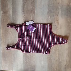 NWT Yummie Women's Striped Ruby Scoop Neck Thong Bodysuit in Tawny Port/Night